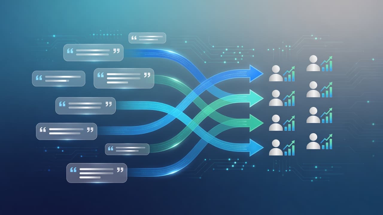 Ilustração mostrando setas conectando citações de IA a leads qualificados para SaaS B2B em fundo tecnológico