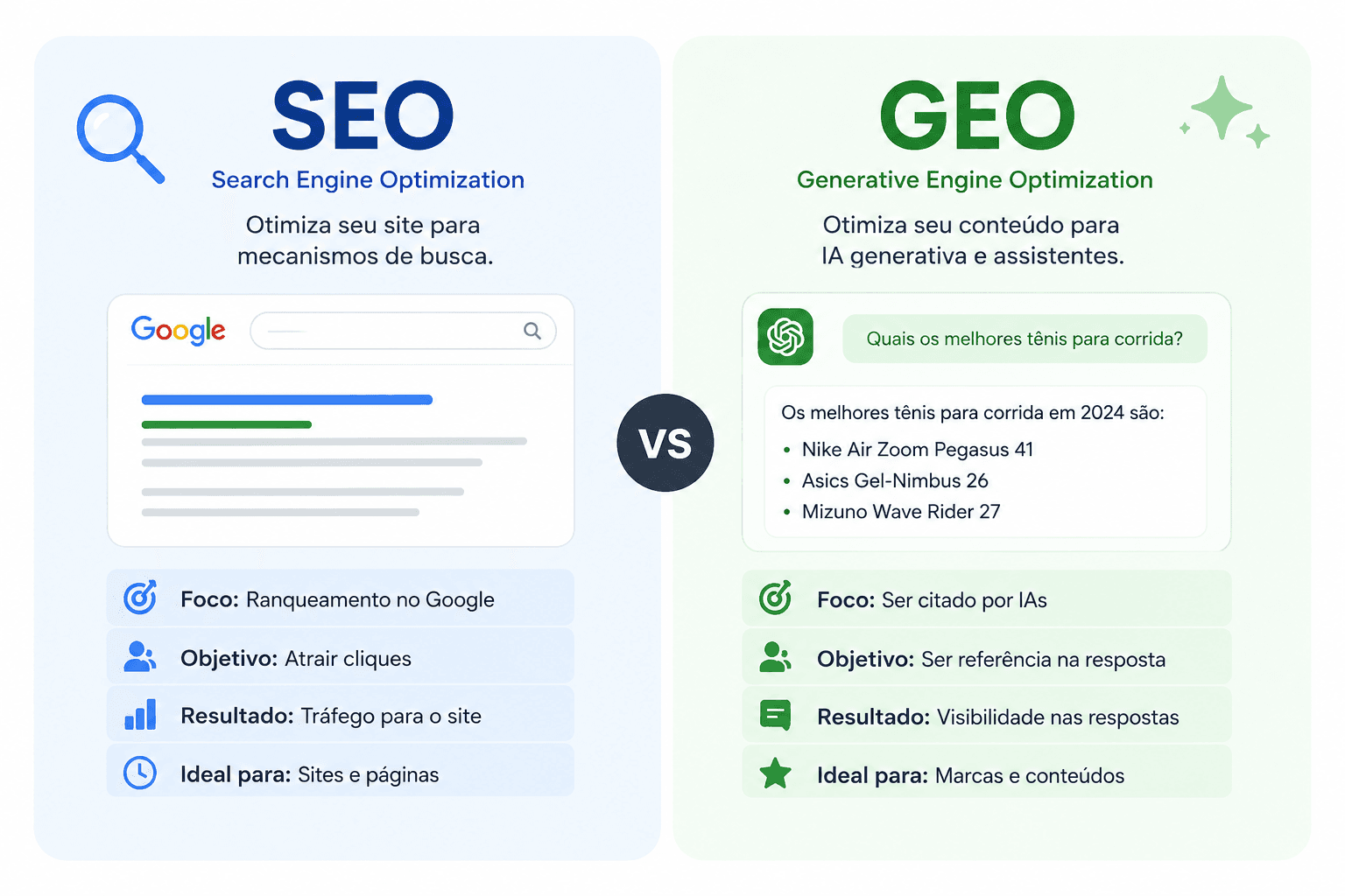 Imagem com ícones de busca tradicional e inteligência artificial destacando a diferença entre SEO e GEO