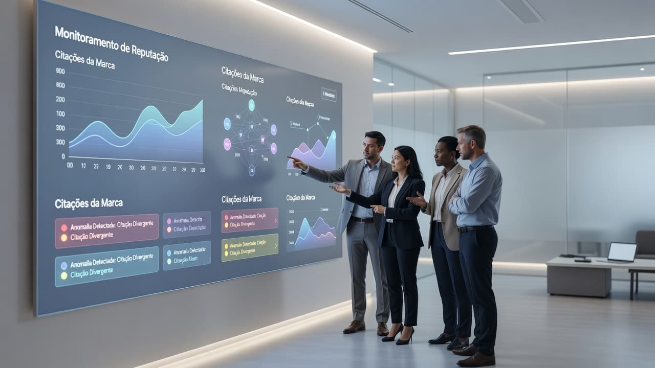 Equipe analisando respostas de IA em dashboards de monitoramento de reputação e citações da marca
