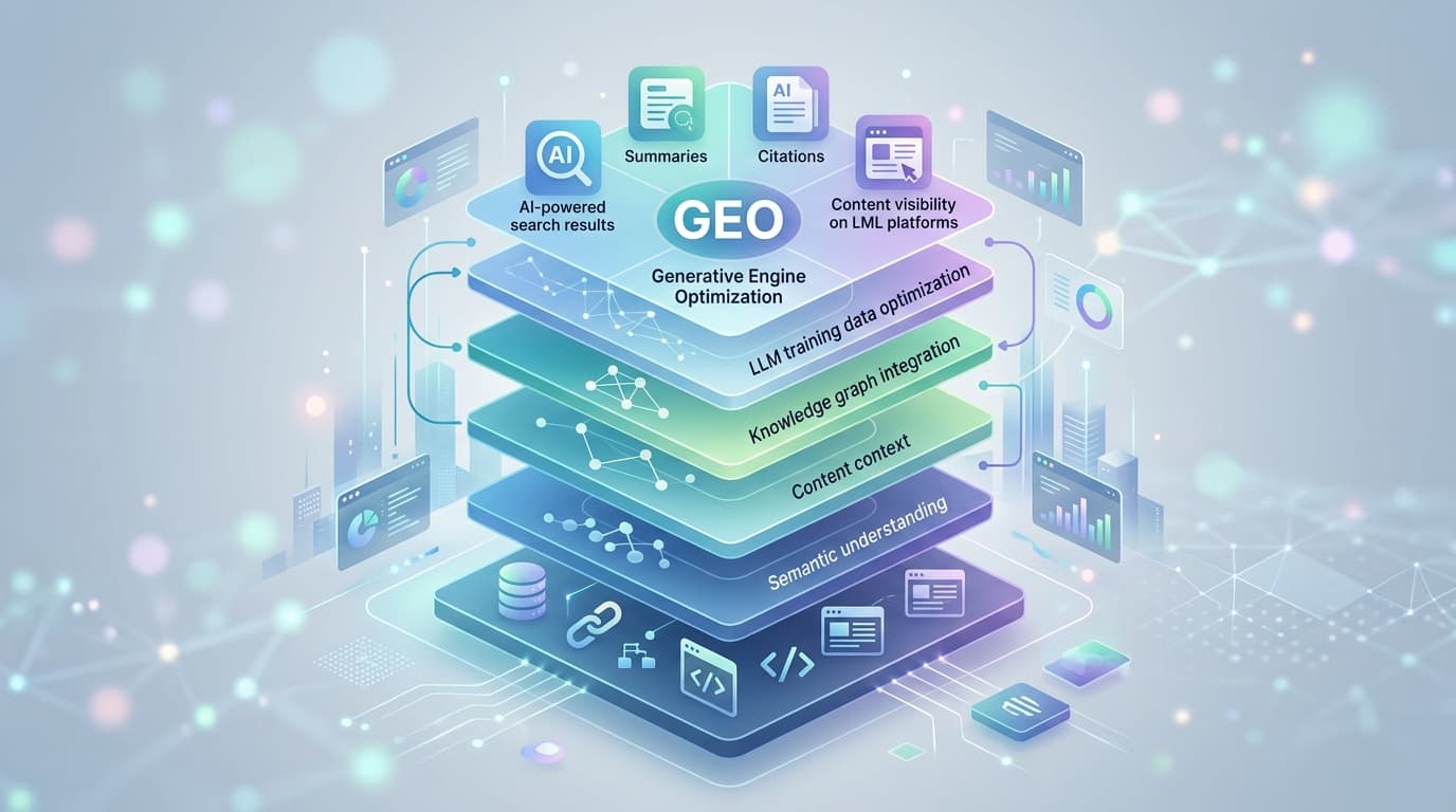 Ilustração das camadas do Generative Engine Optimization (GEO)